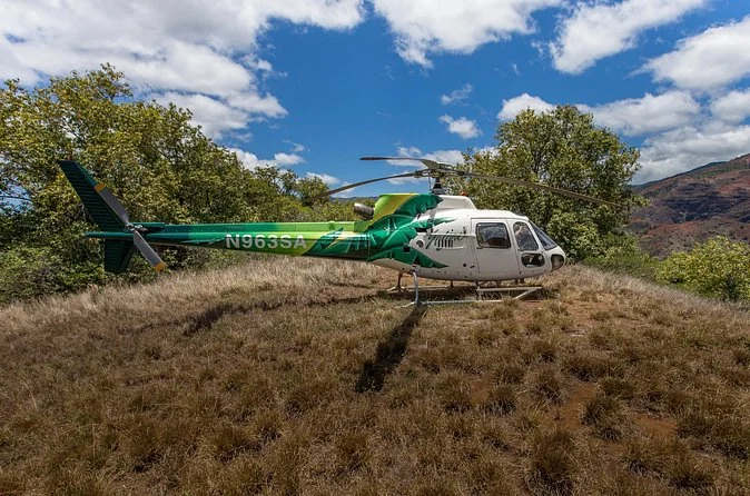 Ein Hubschrauber steht auf einem grasbewachsenen Canyonrand, in der Nähe gehen Besucher