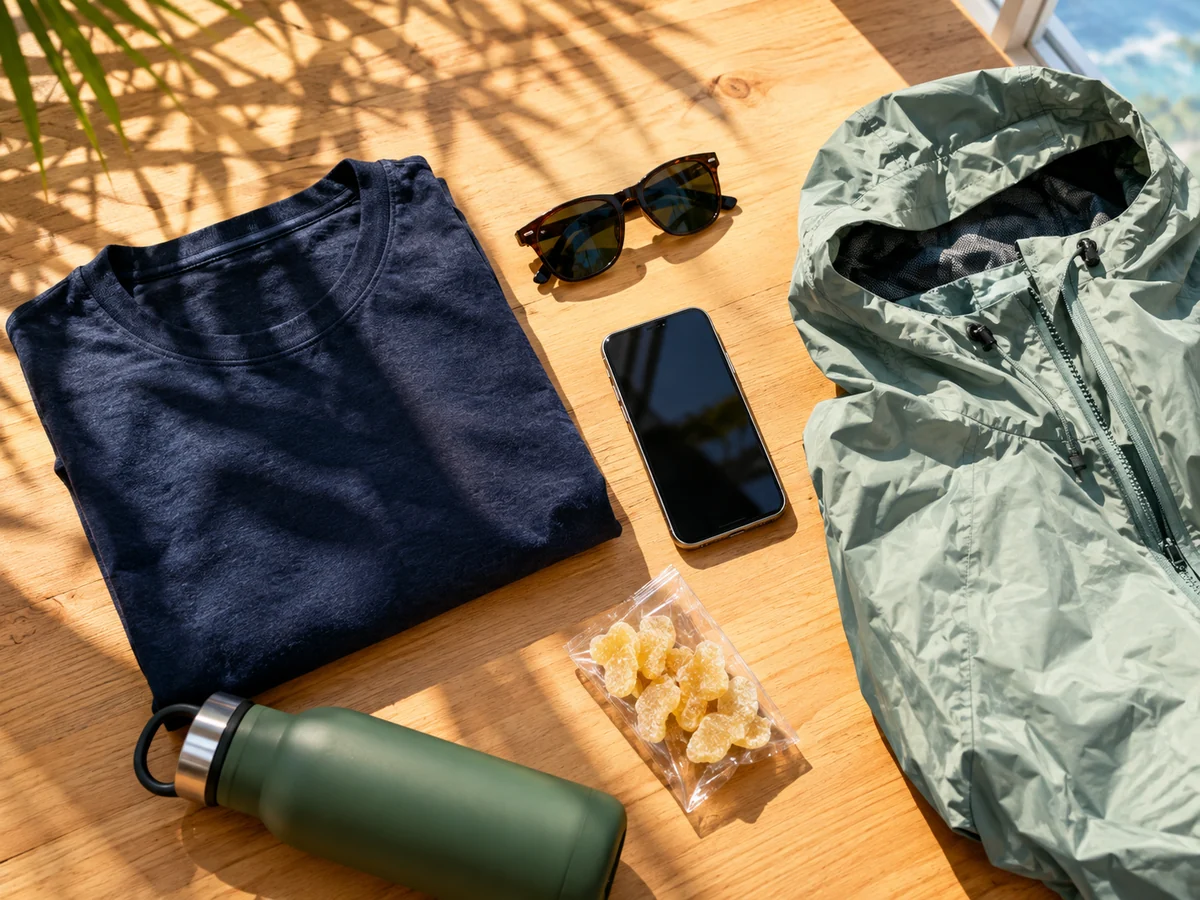T-shirt sombre, lunettes de soleil, téléphone, bonbons au gingembre et veste légère sur une table en bois